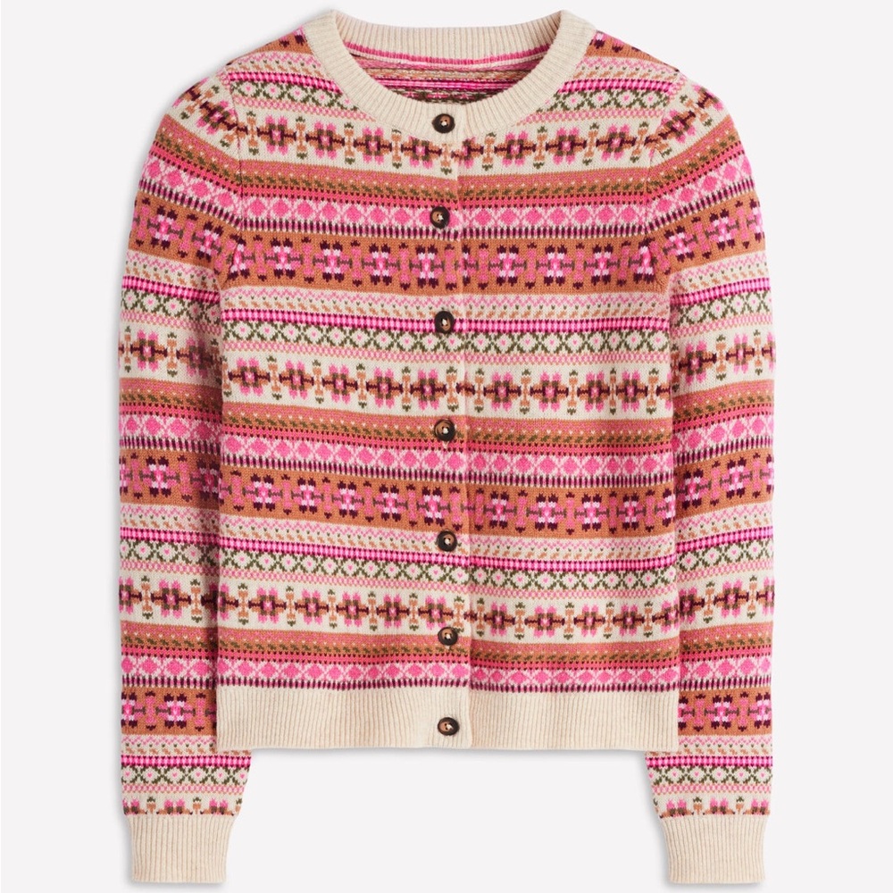 XL Boden Edie Fair Isle Cardigan Sweater in Pink Heritage Fair Isle